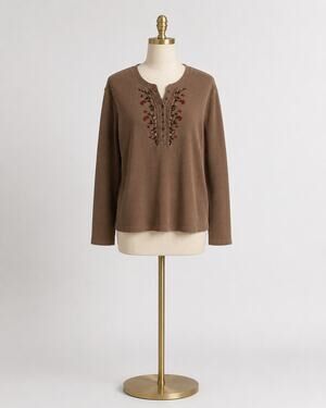 Embroidred  Henley Long Sleeve Top